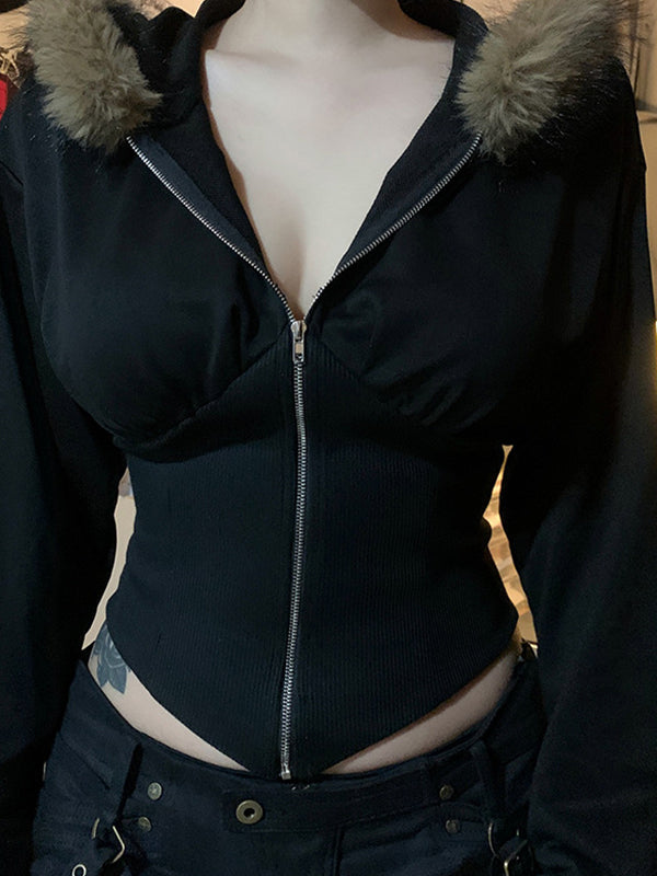 Black Y2K Faux Fur Collar Irregular Seams Jacket