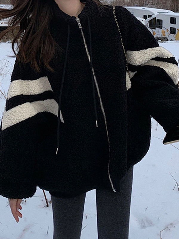 Black Vintage Oversized Shearling Jacket with Stripes
