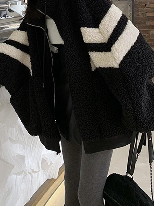 Black Vintage Oversized Shearling Jacket with Stripes