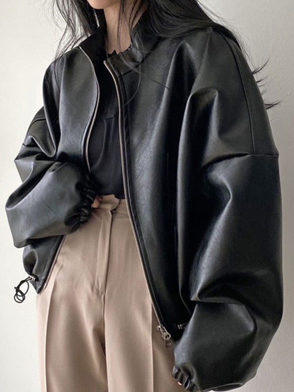 Vintage Black Leather Jacket with Drawstring and Collar