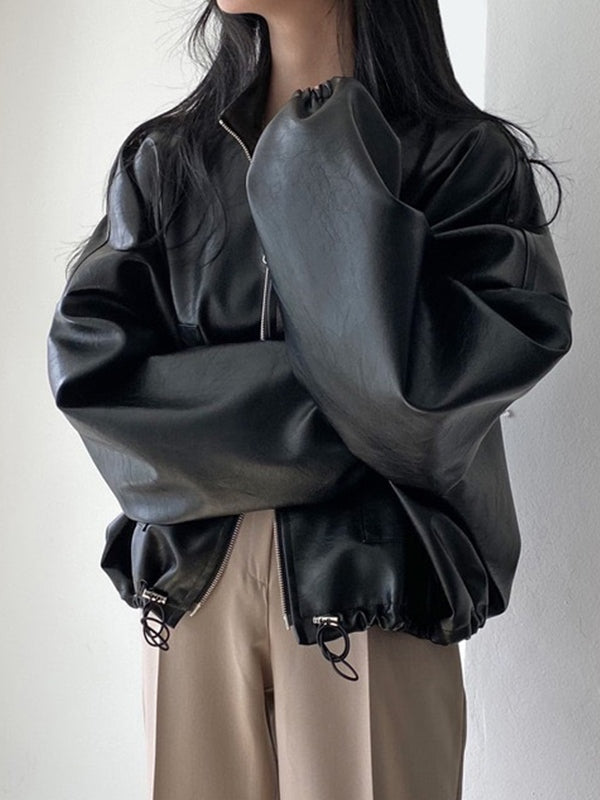 Vintage Black Leather Jacket with Drawstring and Collar