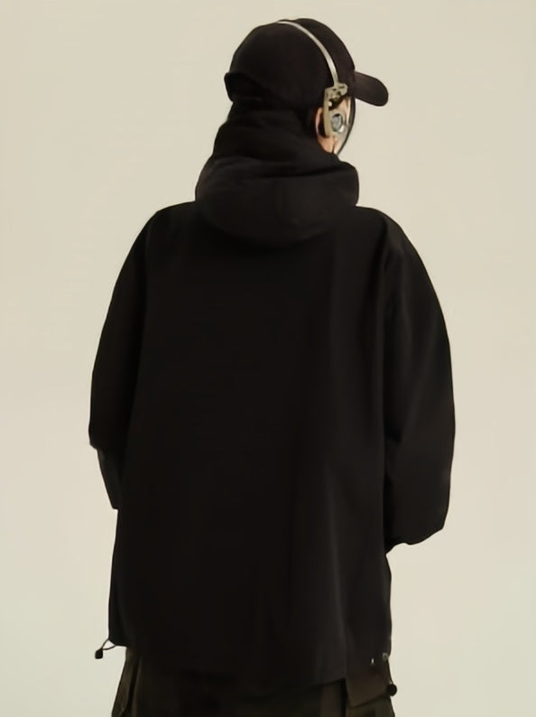 Retro Black Waterproof Oversized Outdoor Jacket with Hood