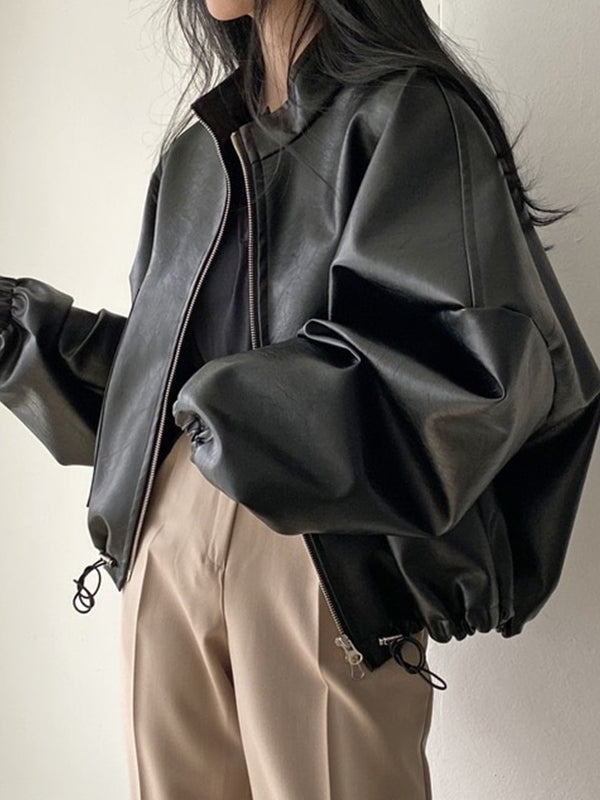 Vintage Black Leather Jacket with Drawstring and Collar