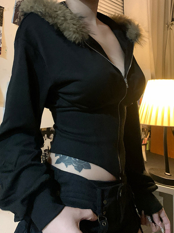 Black Y2K Faux Fur Collar Irregular Seams Jacket