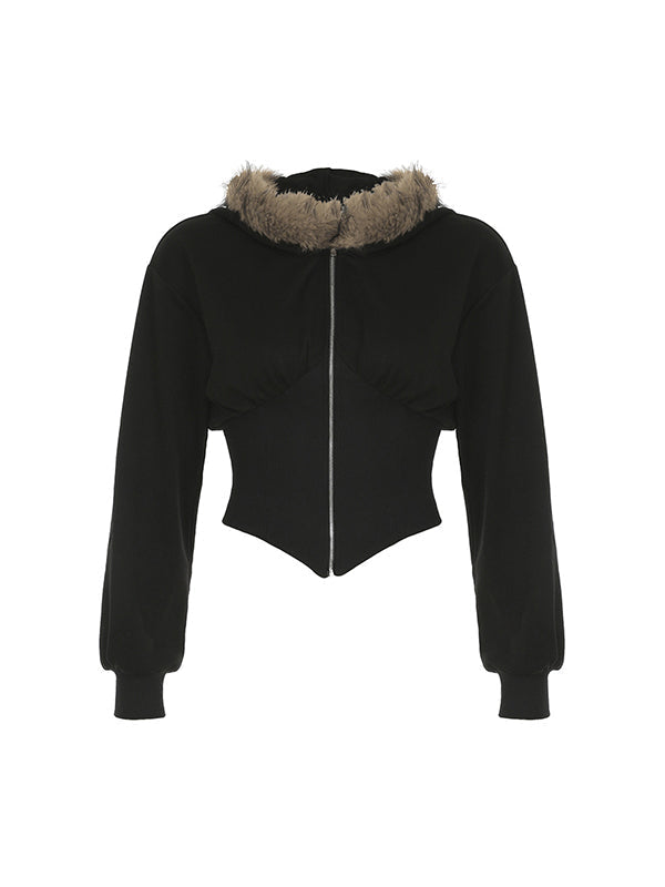 Black Y2K Faux Fur Collar Irregular Seams Jacket