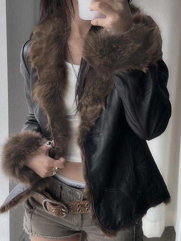 Black American Style Leather Jacket with Fur Collar and Patchwork