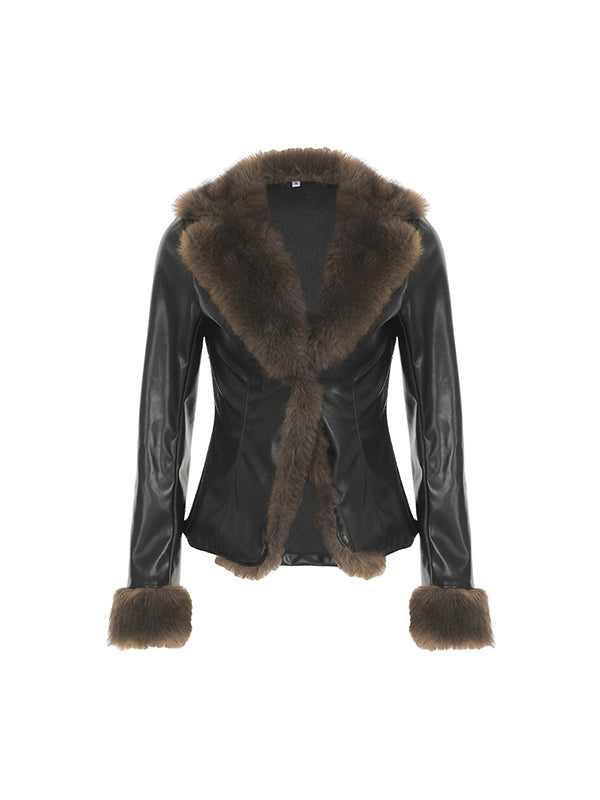 Black American Style Leather Jacket with Fur Collar and Patchwork