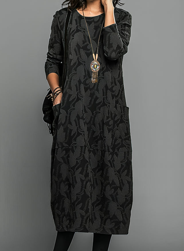 Women's Floral Round Neck Midi Dress | with Long Sleeves