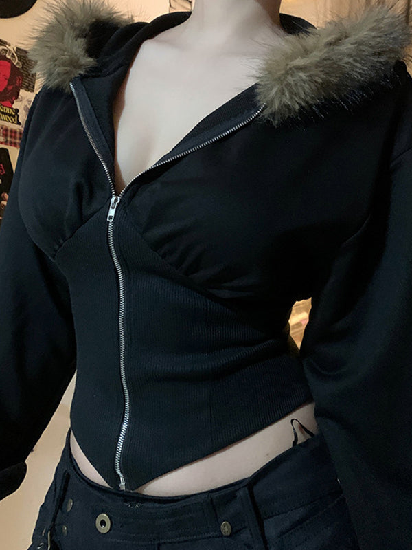 Black Y2K Faux Fur Collar Irregular Seams Jacket