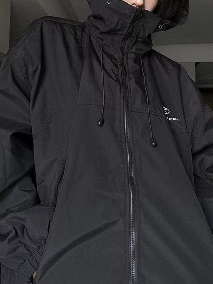 Retro Black Waterproof Oversized Outdoor Jacket with Hood
