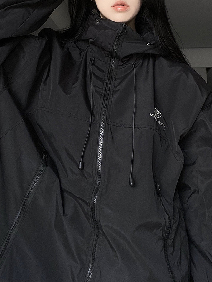 Retro Black Waterproof Oversized Outdoor Jacket with Hood