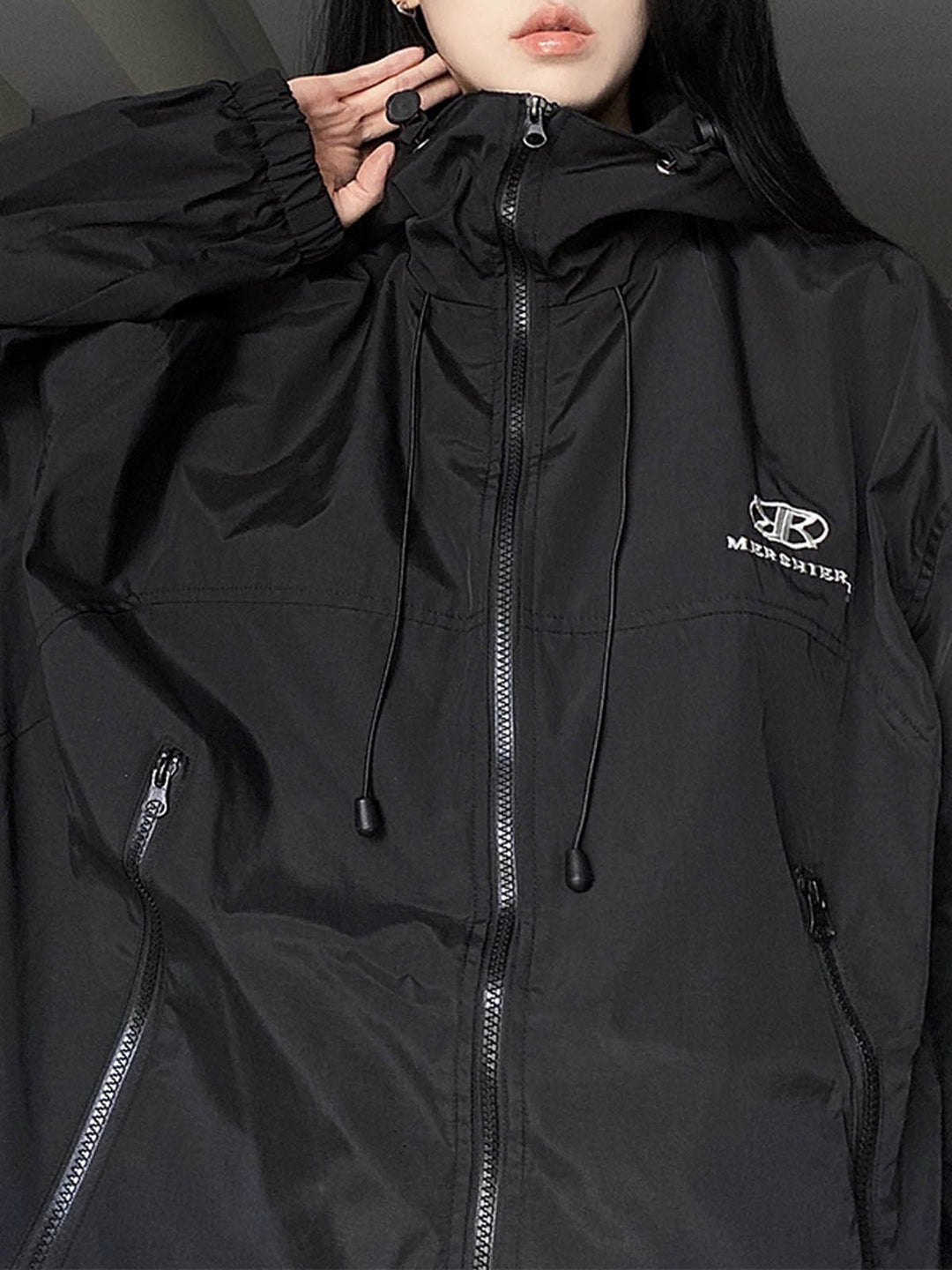 Retro Black Waterproof Oversized Outdoor Jacket with Hood