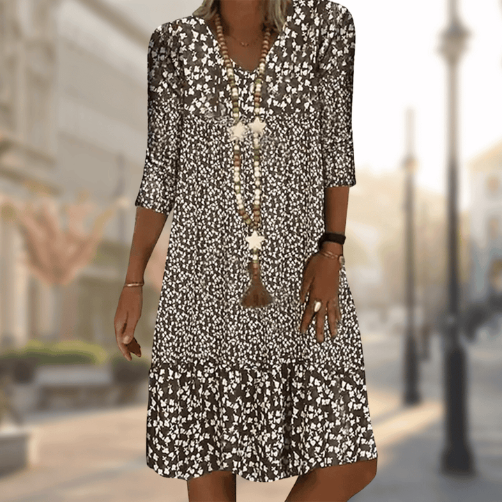 Women's Floral Pattern Boho Midi Dress | 3/4 Sleeves