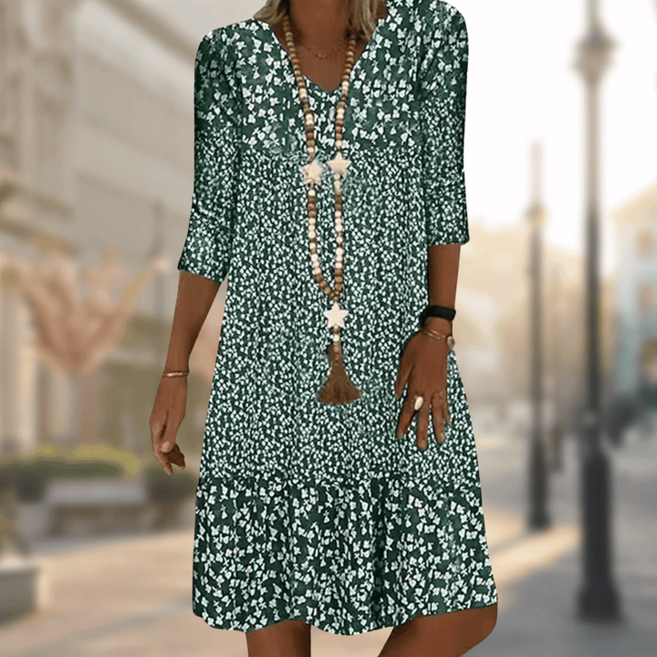 Women's Floral Pattern Boho Midi Dress | 3/4 Sleeves