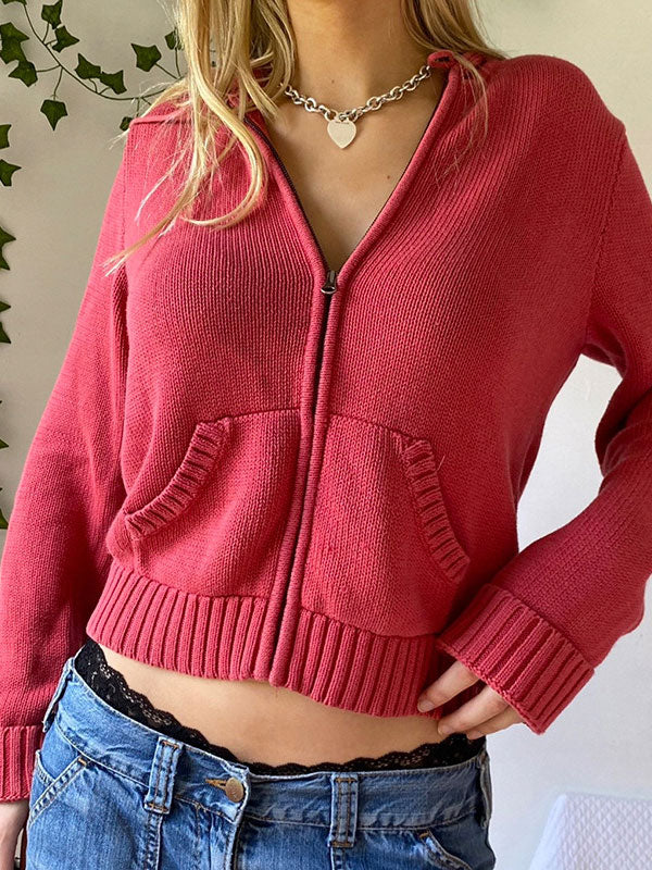 2000s Solid Color Hooded Crop Cardigan