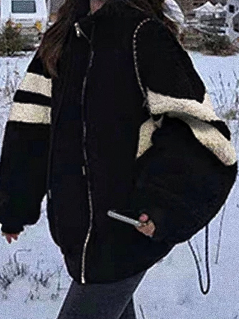 Black Vintage Oversized Shearling Jacket with Stripes