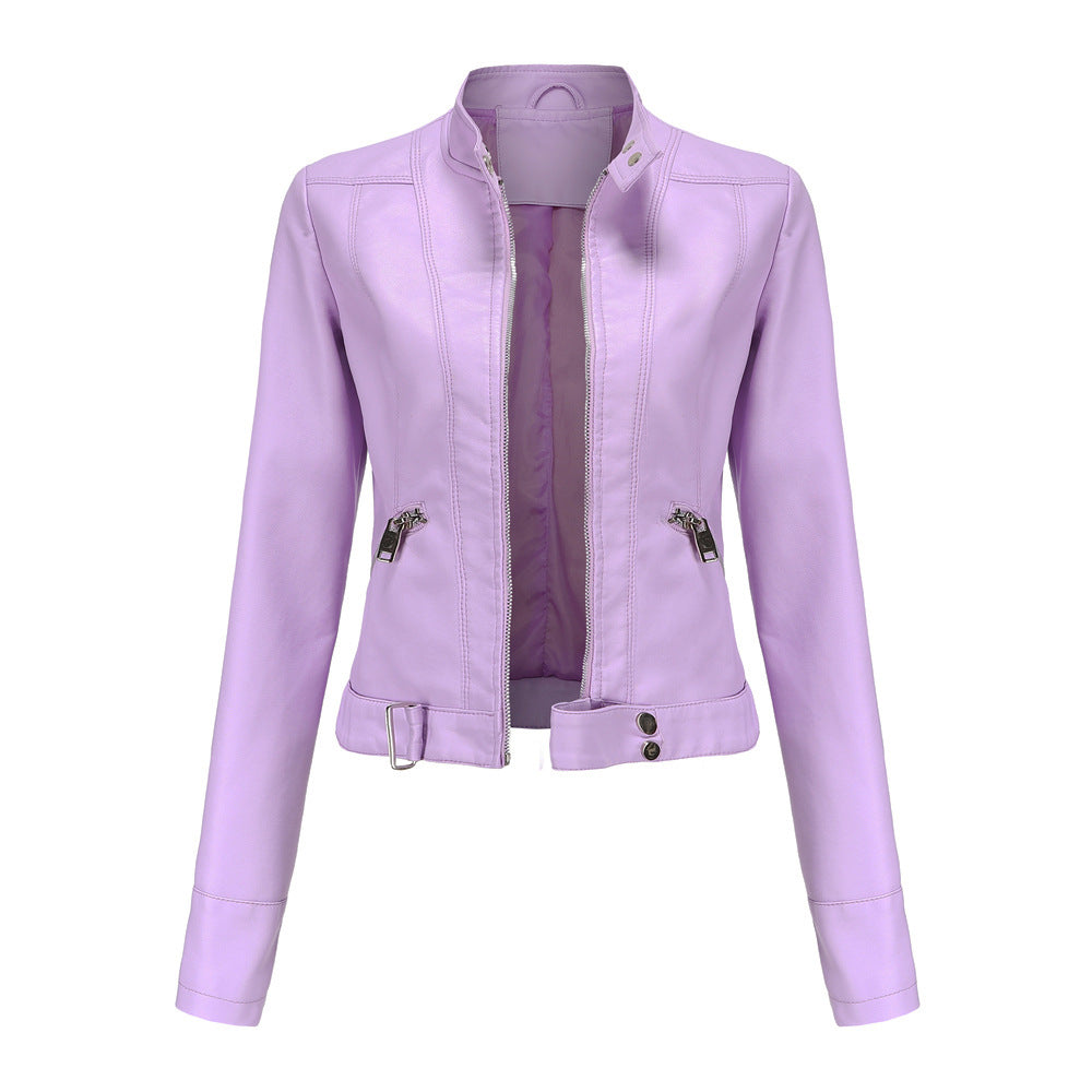 Women's Stand Collar Leather Jacket | Zip
