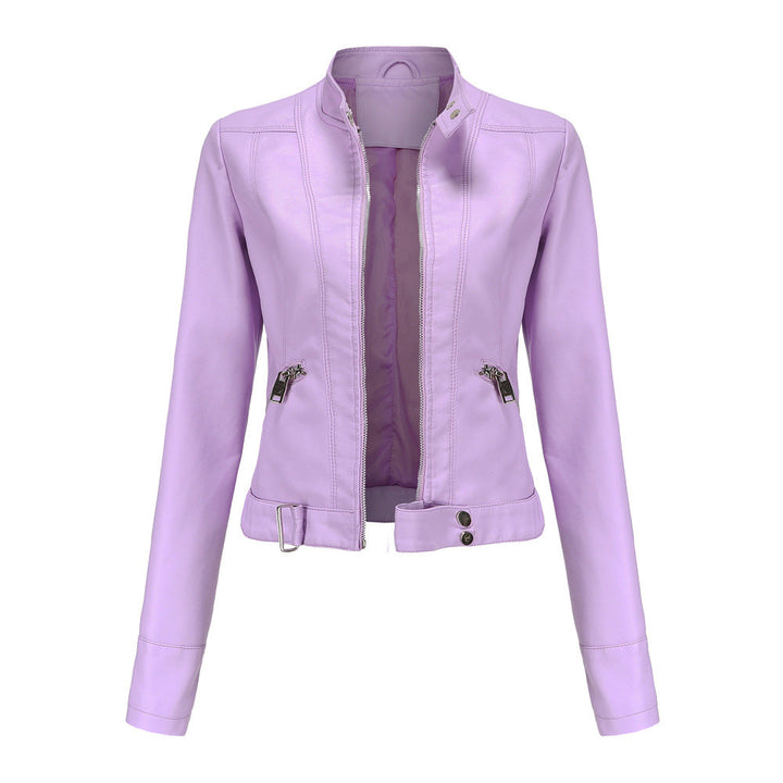 Women's Stand Collar Leather Jacket | Zip