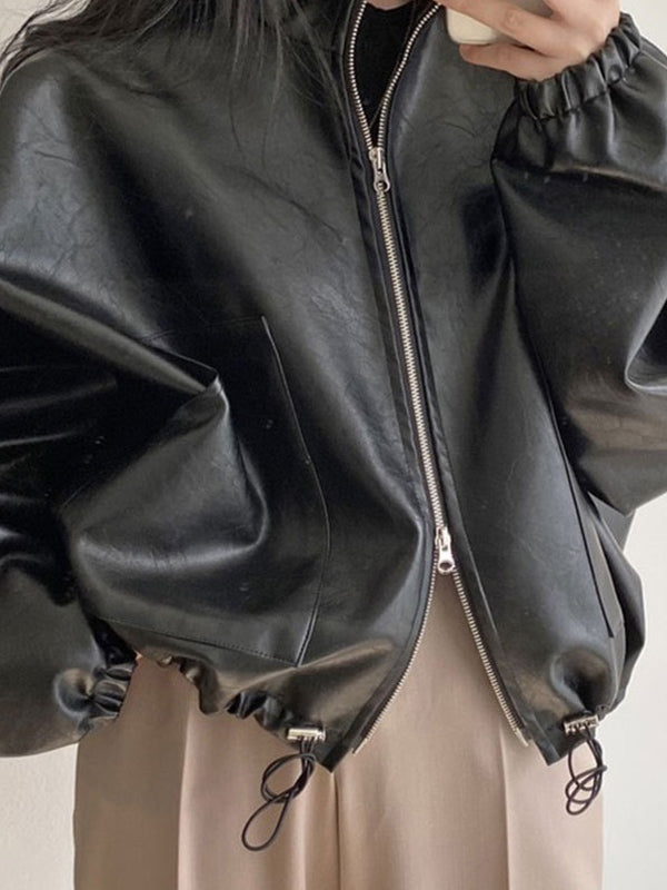 Vintage Black Leather Jacket with Drawstring and Collar
