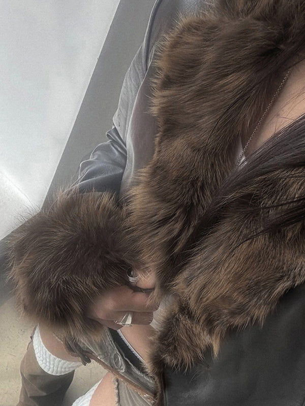 Black American Style Leather Jacket with Fur Collar and Patchwork