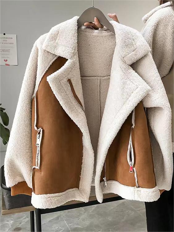Oversized Warm Vegan Fur Suede Patch Jacket