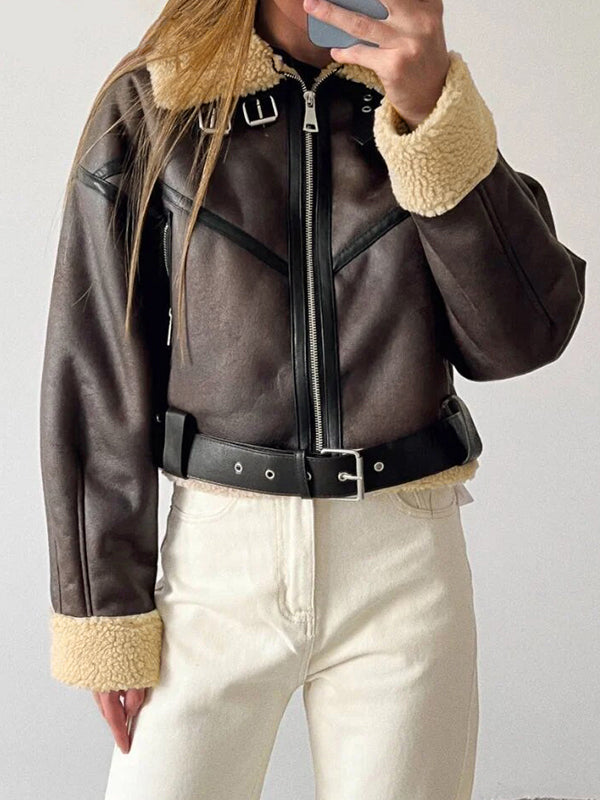 Classic Brown Leather Jacket with Lambswool Lining and Leather Splice