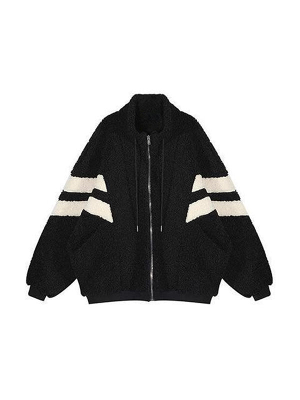 Black Vintage Oversized Shearling Jacket with Stripes