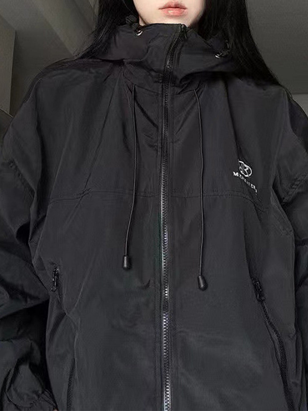 Retro Black Waterproof Oversized Outdoor Jacket with Hood