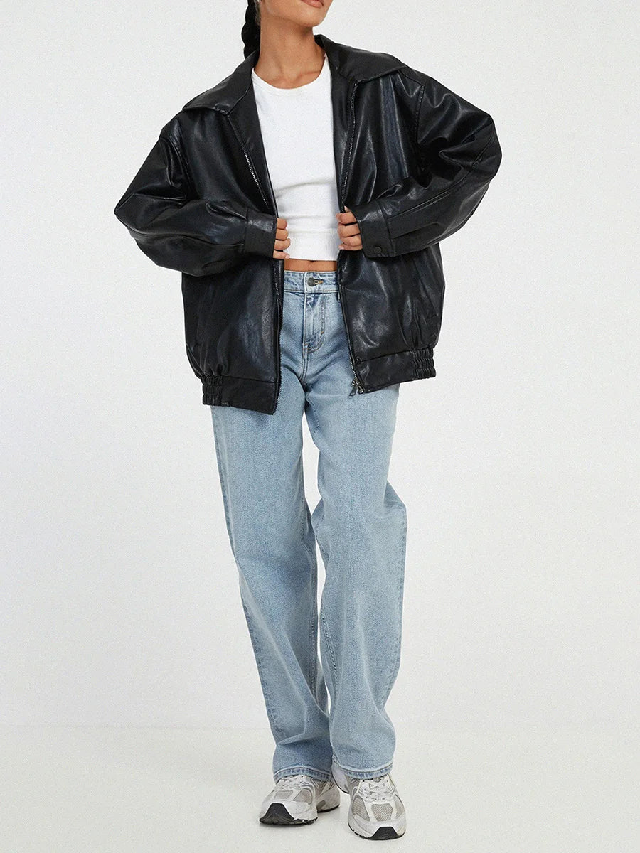 Women's Loose Leather Jacket | Lapel