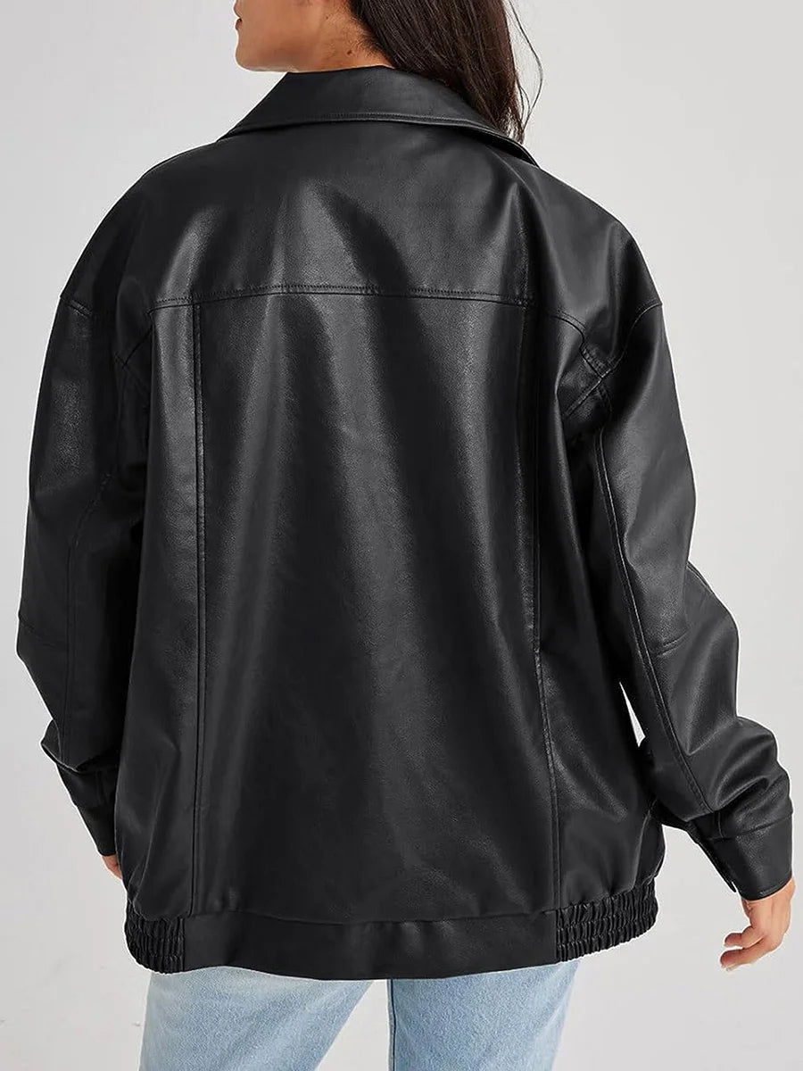 Women's Loose Leather Jacket | Lapel