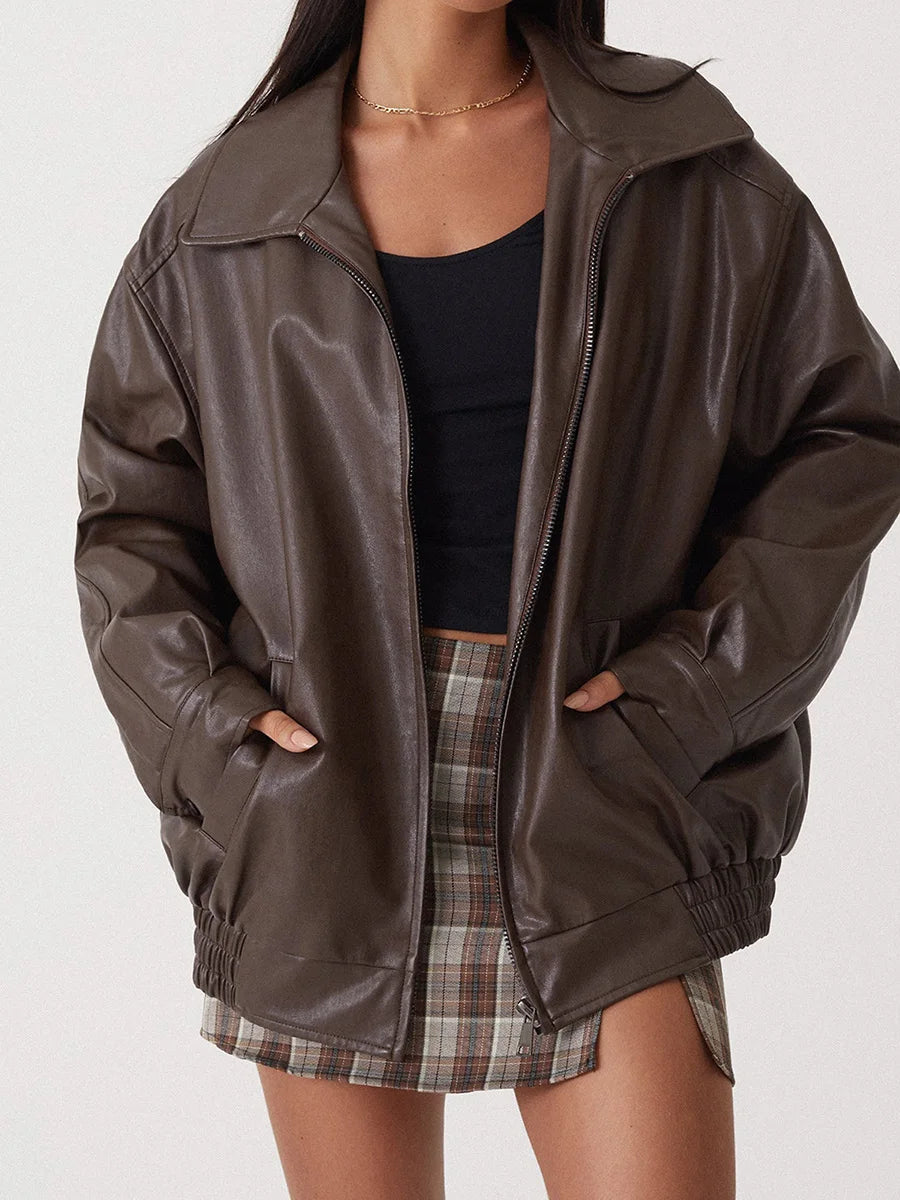 Women's Loose Leather Jacket | Lapel