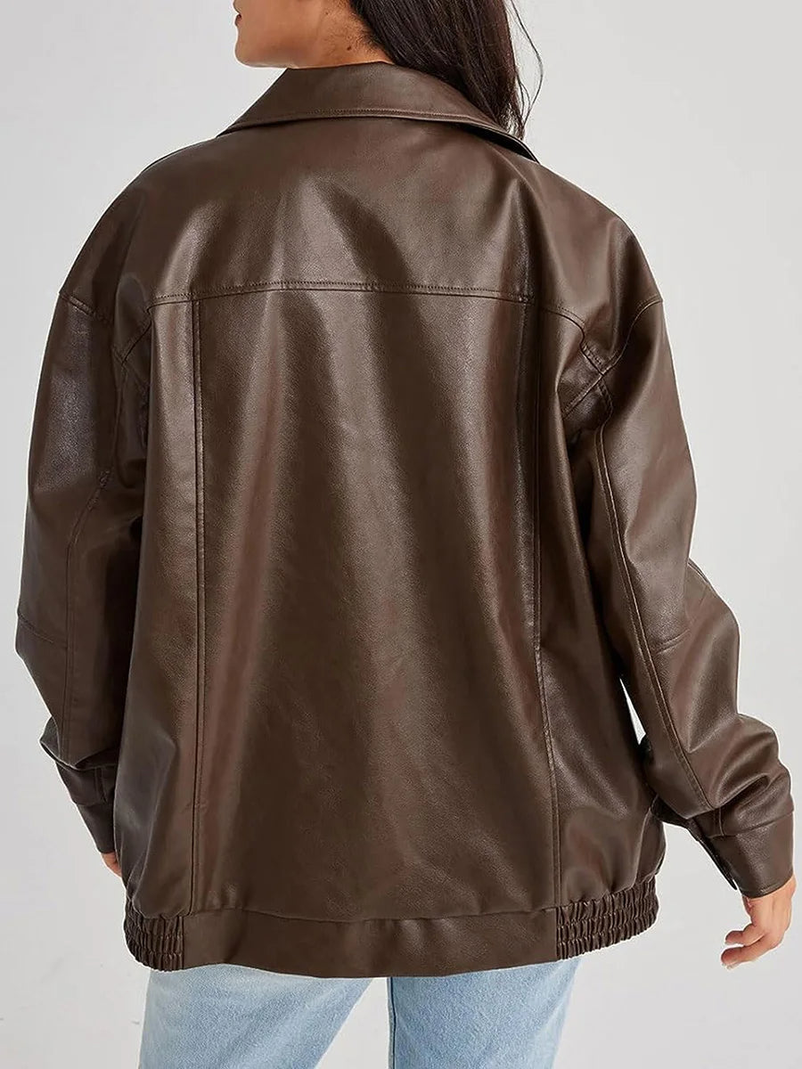 Women's Loose Leather Jacket | Lapel