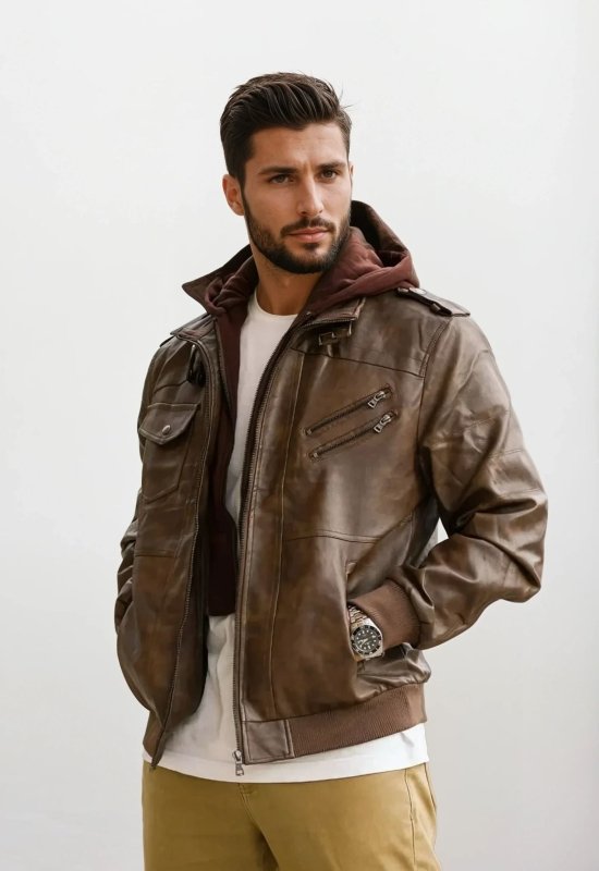 Men's Locomotive Hooded Leather Jacket | Slim