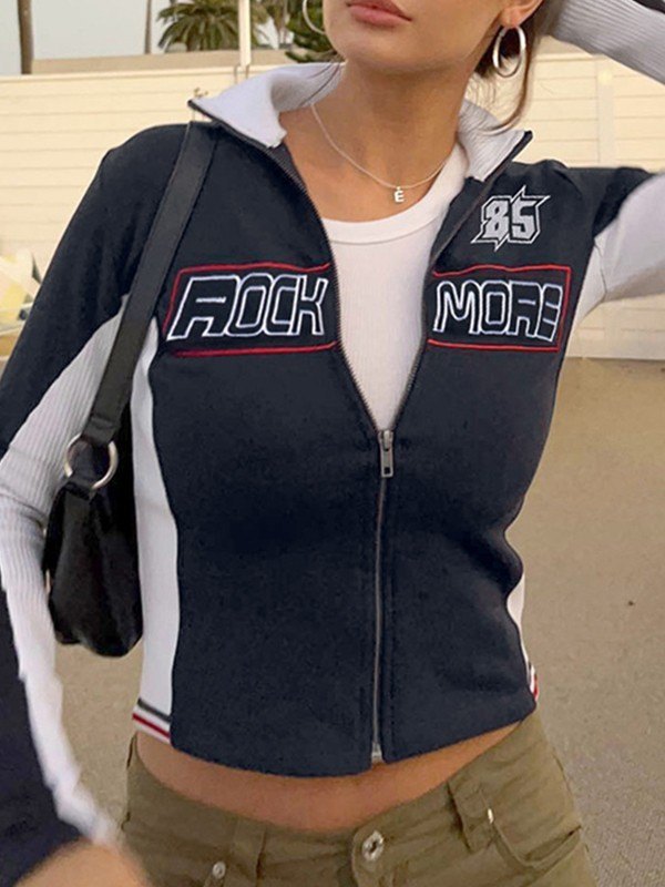 Cropped Moto Jacket with Logo Print