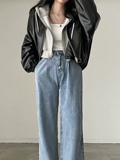 Vintage Black Leather Jacket with Drawstring and Collar