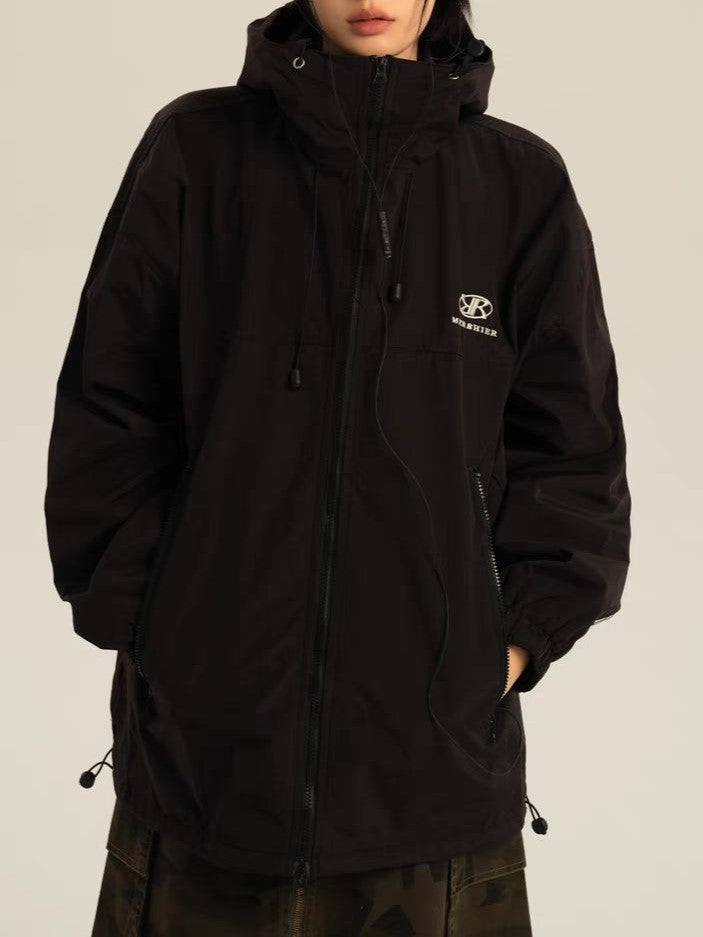 Retro Black Waterproof Oversized Outdoor Jacket with Hood