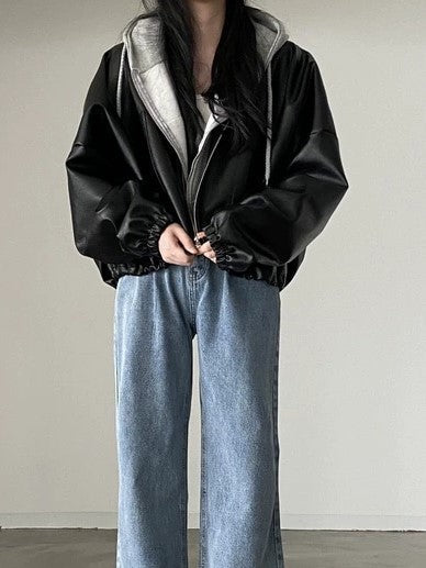 Vintage Black Leather Jacket with Drawstring and Collar